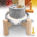 Natural Stone Grain Mill, Manual Granite stone grinder with Wooden Base, 11.75"L x 7.79"W x 7.76"H