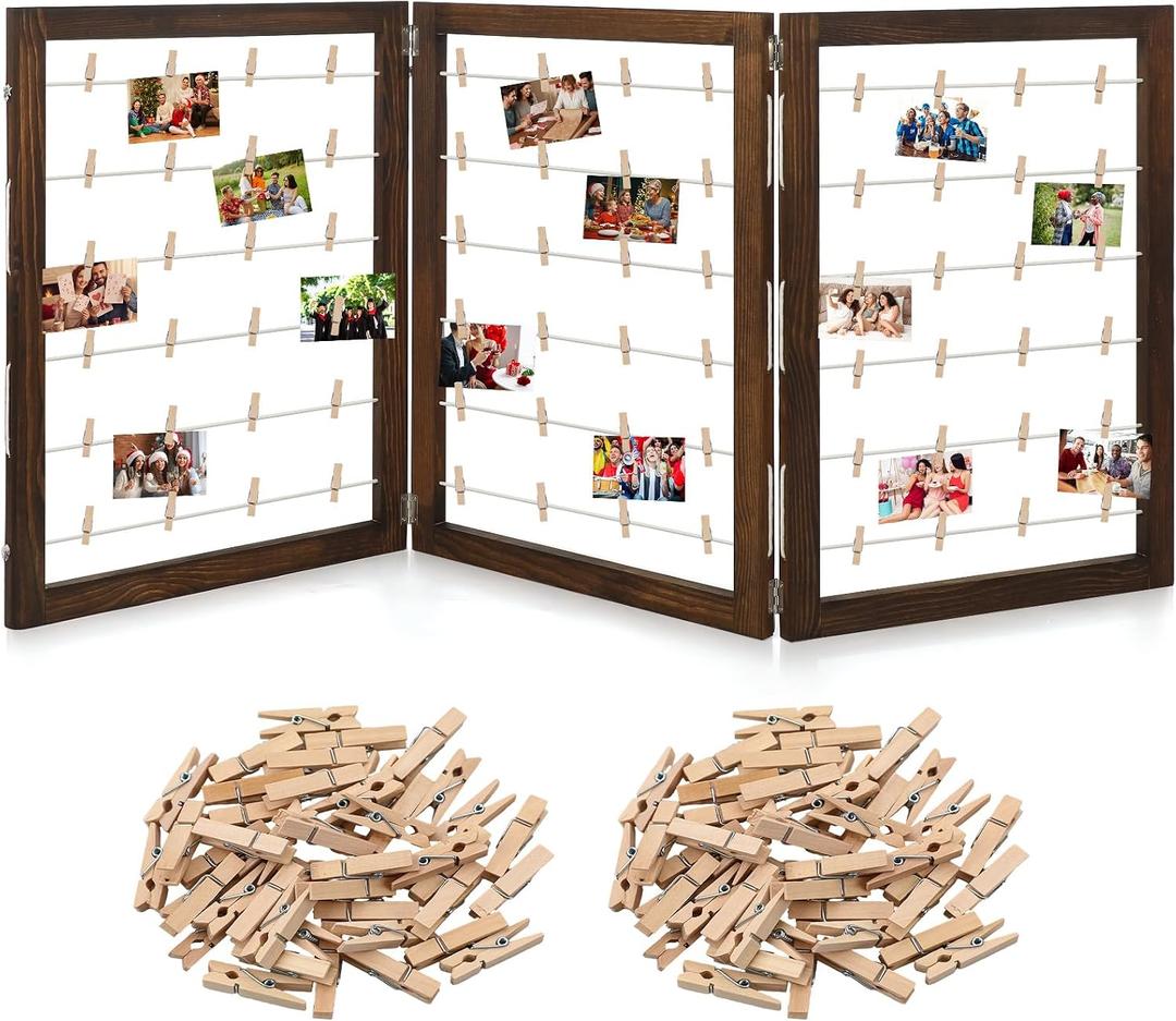 Geelin Photo Display Board with Clips Farmhouse Graduation Picture Display Wooden Rustic Freestanding Picture Collage Frame 2026 Grad Decor for Postcard Home Dorm(3 Panel,54 x 24 Inch)