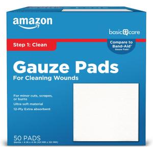 Amazon Basic Care Gauze Pads, 4x4" Sterile Medical Wound Dressing Sponges, 12-Ply, Extra Absorbent, for Cleaning, Covering & Cushioning Cuts & Minor Injuries, 50 Count, 1-Pack (Previously All Health)