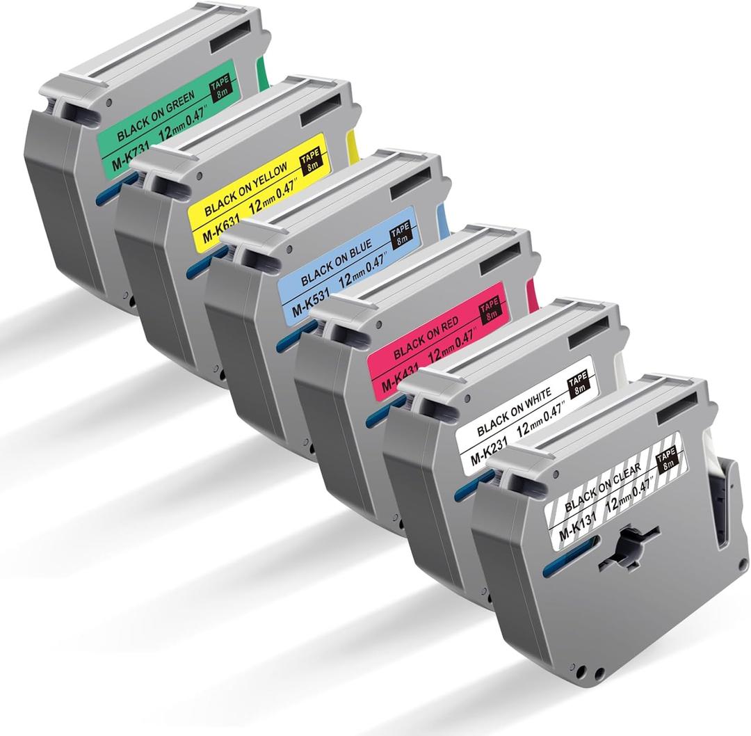 6Pk P Touch M Tape Work with PT-65 PT-70 PT-70BM PT-M95 PTM95 Replace with Brother P Touch M Tape 12mm 0.47 M-K 131 M-K231s 431s 531s 631s 731s for Brother PTouch PT-45 PT-80 PT-90,8m 26.2ft