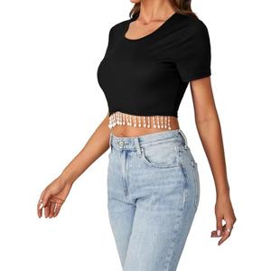 LYANER Women's Round Neck Short Sleeve Fringe Tassel Trim Hem Rib Crop Top Blouse Black X-Small