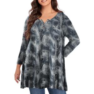 OVERWORETY Plus Size Tops for Women 3/4 Sleeve Henley V Neck Button Tunics Casual Loose Swing Shirts for Leggings (1X, Gey Paisley)