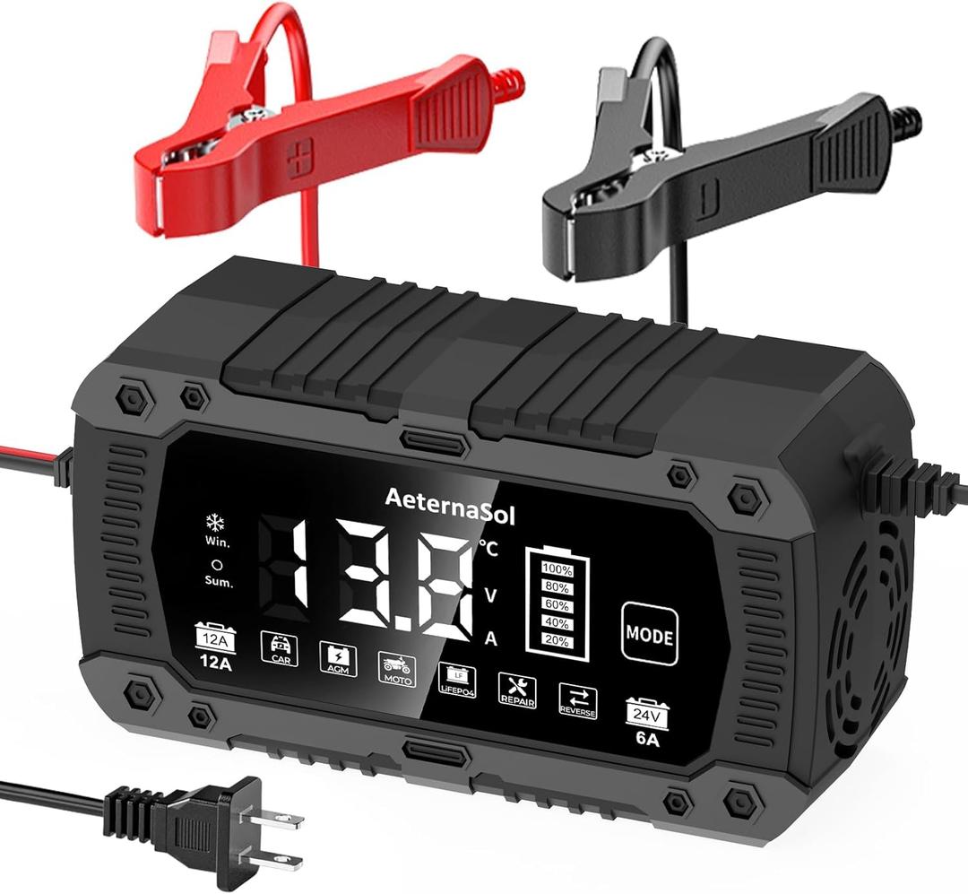 12V 24V Smart Battery Charger, 12A Efficient Fully Auto Battery Maintainer with Pulse Repair & LCD for Lithium-ion LiFePO4, Lead-Acid, Automobile Car Battery Trickle Charger for Motorcycle ATV RV Boat