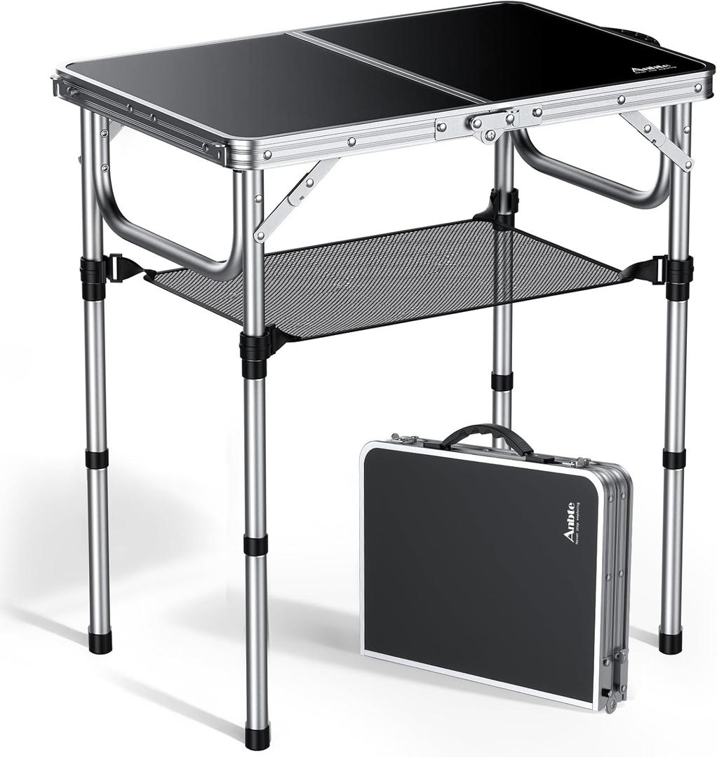 Anbte 2ft Folding Camping Table with Storage Net, 3 Adjustable Heights Small Folding Table Portable & Lightweight with Carry Handle, for Camping Fishing Picnic Beach Outdoor, 22.8"x 15.7", Silver