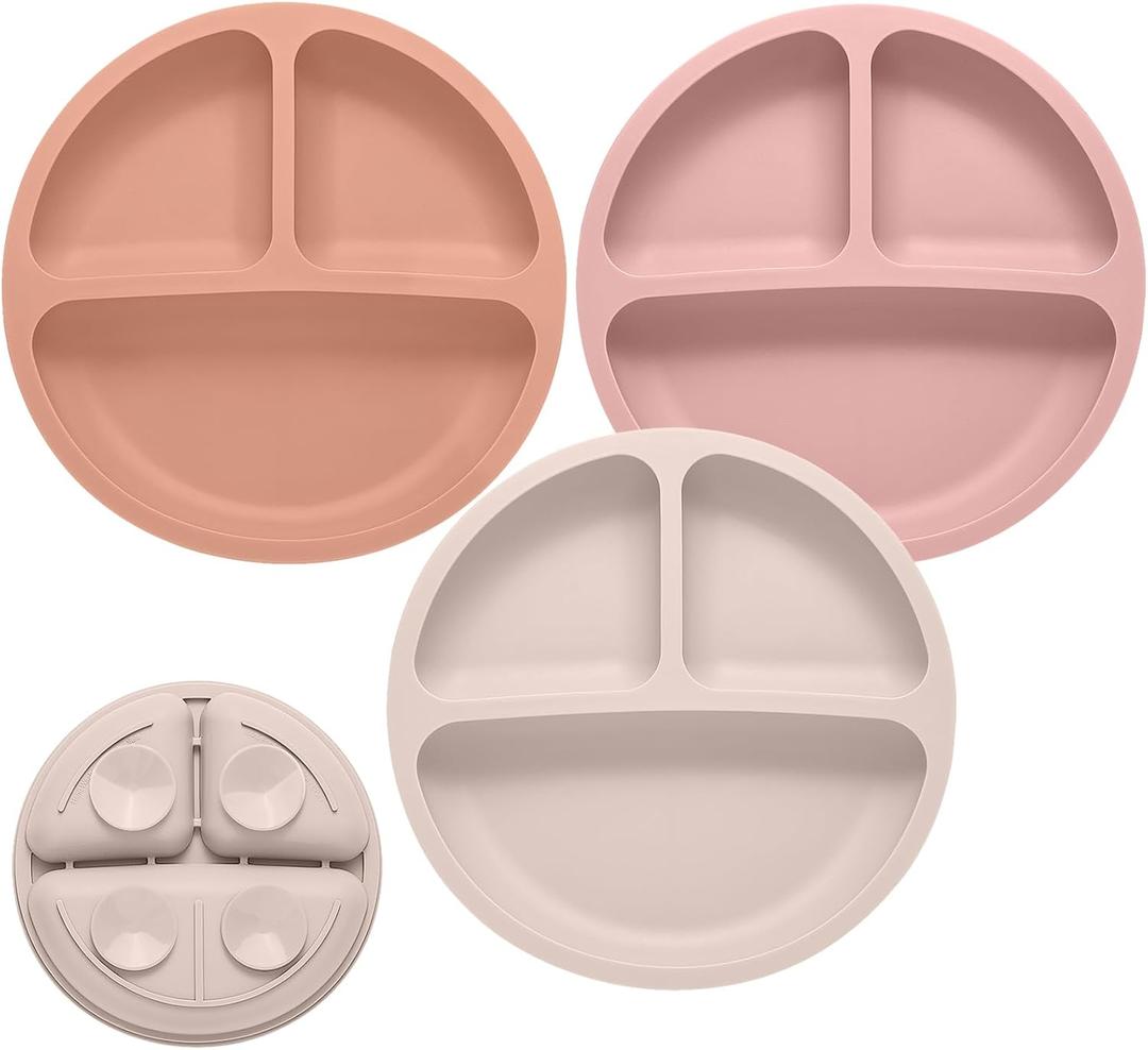 Eascrozn Toddler Plates, 3 Pack Divided Suction Plates for Baby, Food Grade Silicone Baby Plates, BPA Free, Non-slip, Baby Led Weaning Supplies, Microwave & Dishwasher Safe (Purple)