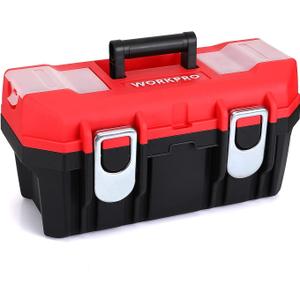 WORKPRO Tool Box Portable 16" with Removable Tray Heavy Duty Toolbox with 2 Metal Latches, Rated up to 33 Lbs, PP Plastic Small Tool Boxes with Lock Secured, Small Parts Organizer in Lid, black & red