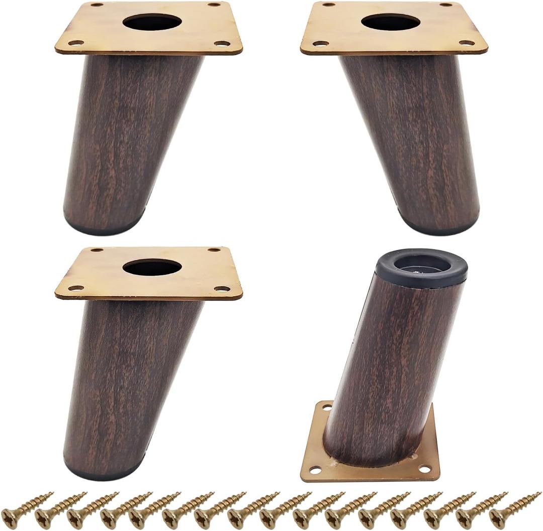 4 Inch Mid Century Modern Furniture Legs - 4 Pack Solid Wood Tapered Legs in Walnut Finish Replacement Sofa Legs for Couch, Bed, Dresser, TV Stand, Cabinet (Hardware Included)