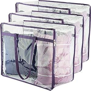 Clear Vinyl Zippered Storage Bags (3-Pack) 40L Sturdy Storage Bags for Sweaters, Blankets, Comforters, Bedding Sets and Much More! (Purple, 18x15x9)