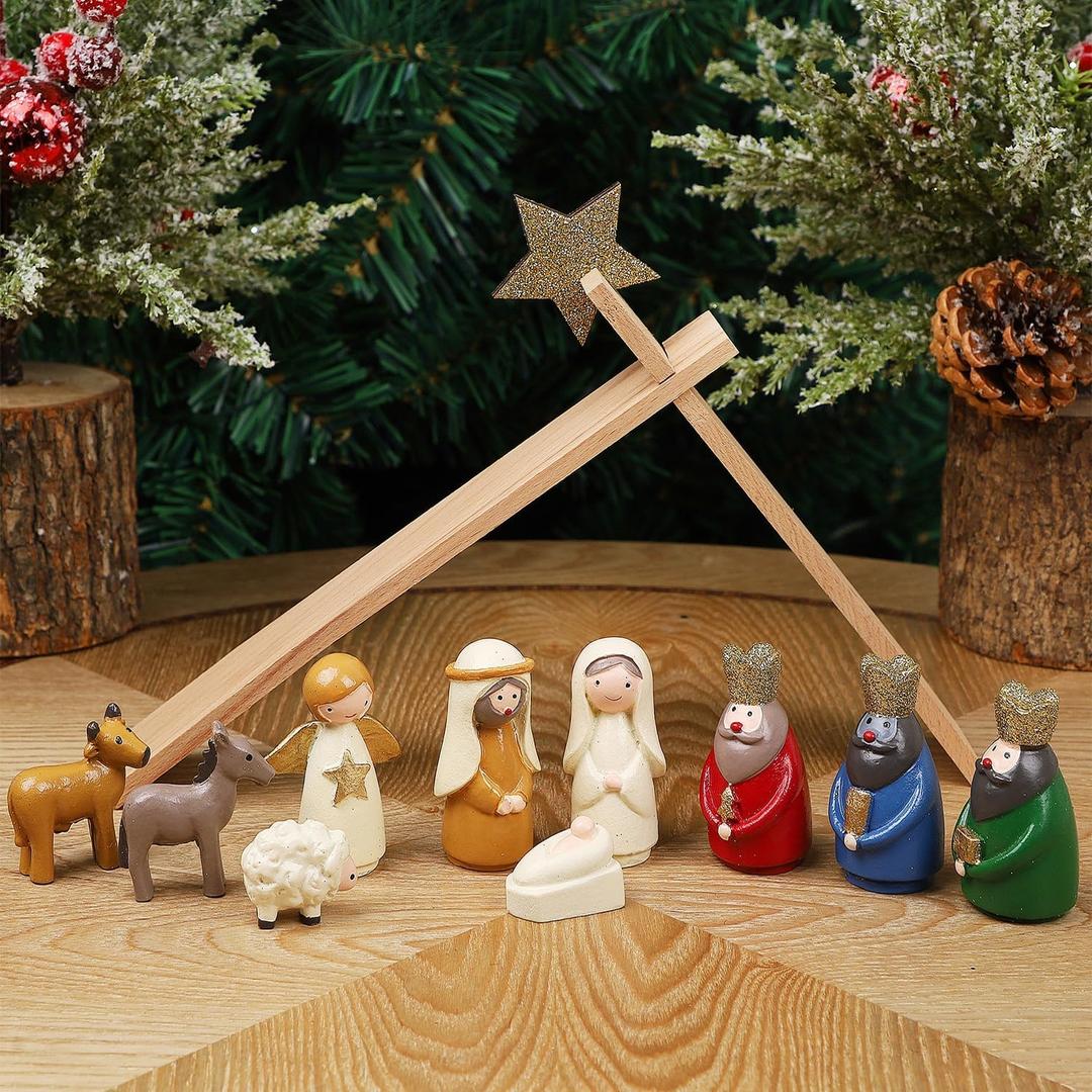 Juegoal Christmas Nativity Sets, Set of 11 Mini Nativity Scene Resin Figurines, Xmas Holy Family Cute Table Ornaments, Religious Holiday Collection Gifts, Baby Jesus Nativity Mantle Shelf Decor