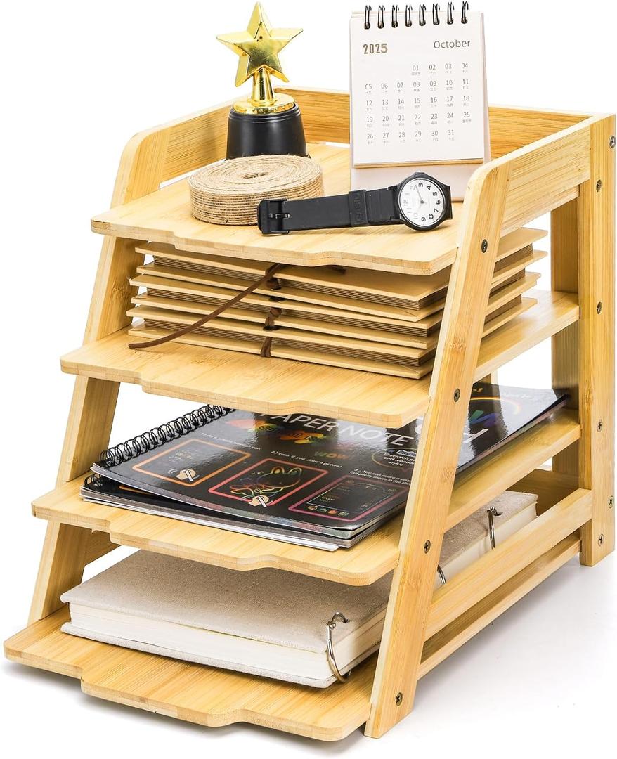 ZAVOOS Wood Paper Organizer for Desk, 4 Tier Bamboo Letter Tray File Folder, Mail Sorter Shelf Document Storage Rack Holder for Home, Workplace, Office Supplies Desk Accessories