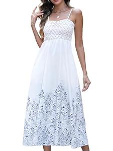 Gardenwed Women's Floral Print Maxi Dress, Spaghetti Strap Smocked Bodice A-Line Sundress with Pockets Blue M