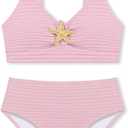 Girls Swimsuit 2 Piece Bikini Sets V Neck High Waisted Textured Ruched Solid Chest Padded Beach Bathing Suits, Size: 11-12 Years