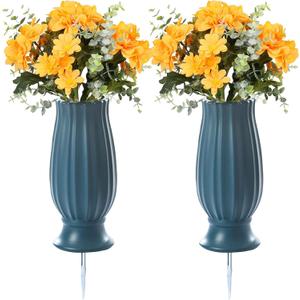 2 Pcs Cemetery Vases with Spikes,Grave Vases for Cemetery with Metal Spikes and Drainage Holes,Grave Flower Holder for Headstones Memorial Gifts Loss of Loved One (Blue)