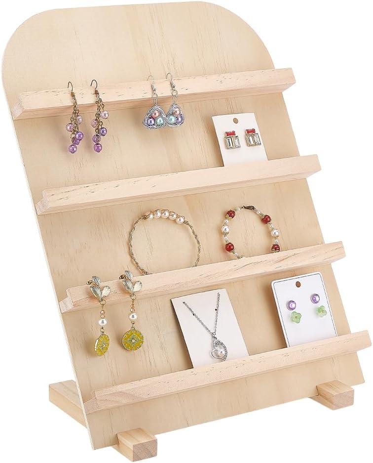 PH PandaHall 4-Tier Wooden Jewelry Display Stand Earring Card Displays Tower Bracelets Stands Rack Craft Fairs Showcase Holder with Slots for Selling Retail Jewelry Showing Exhibition Storage