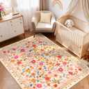5x7 Area Rugs for Living Room Vacuum-Friendly Machine Washable Area Rug Flower Floral Printed Pattern Low Pile Non-Slip Carpet for Bedroom Hallway Entryway, Pink Beige