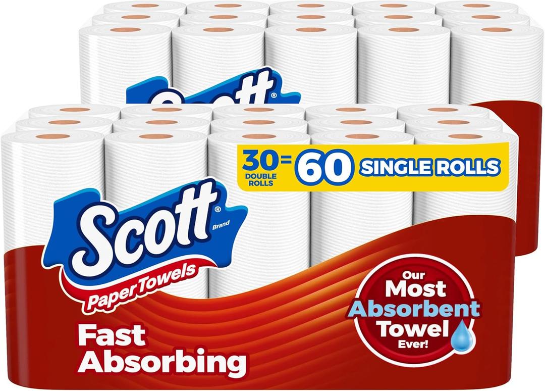 Scott Paper Towels, Choose-A-Sheet, 30 Double Rolls (2 Packs of 15) = 60 Regular Rolls (100 Sheets Per Roll) (White)