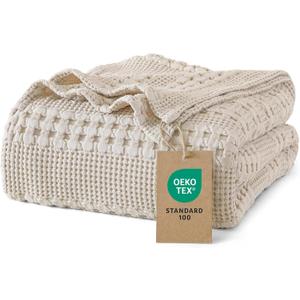 PHF 100% Cotton Waffle Weave Blanket Queen Size for Bed, Soft Lightweight & Breathable for Spring and Summer, All-Season Comfort, Luxury Aesthetic Blanket for Home Decor, 90"x90", Light Taupe/Oatmeal