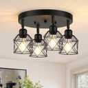Baocuz 4-Light Kitchen Light Fixtures Ceiling Mount, Adjustable Multi-Directional Black Flush Mount Ceiling Light Fixture, Farmhouse Metal Cage Ceiling Lights for Dining Room Entryway Hallway