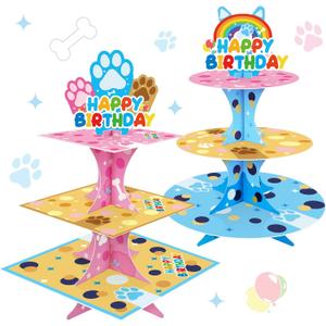 3-Tier Cartoon Blue Dog Cupcake Stand, 2 Sets Cardboard Cake Stands, Dessert Tower Holder, Cartoon-Themed Birthday Decoration, Baby Shower Party Supplies