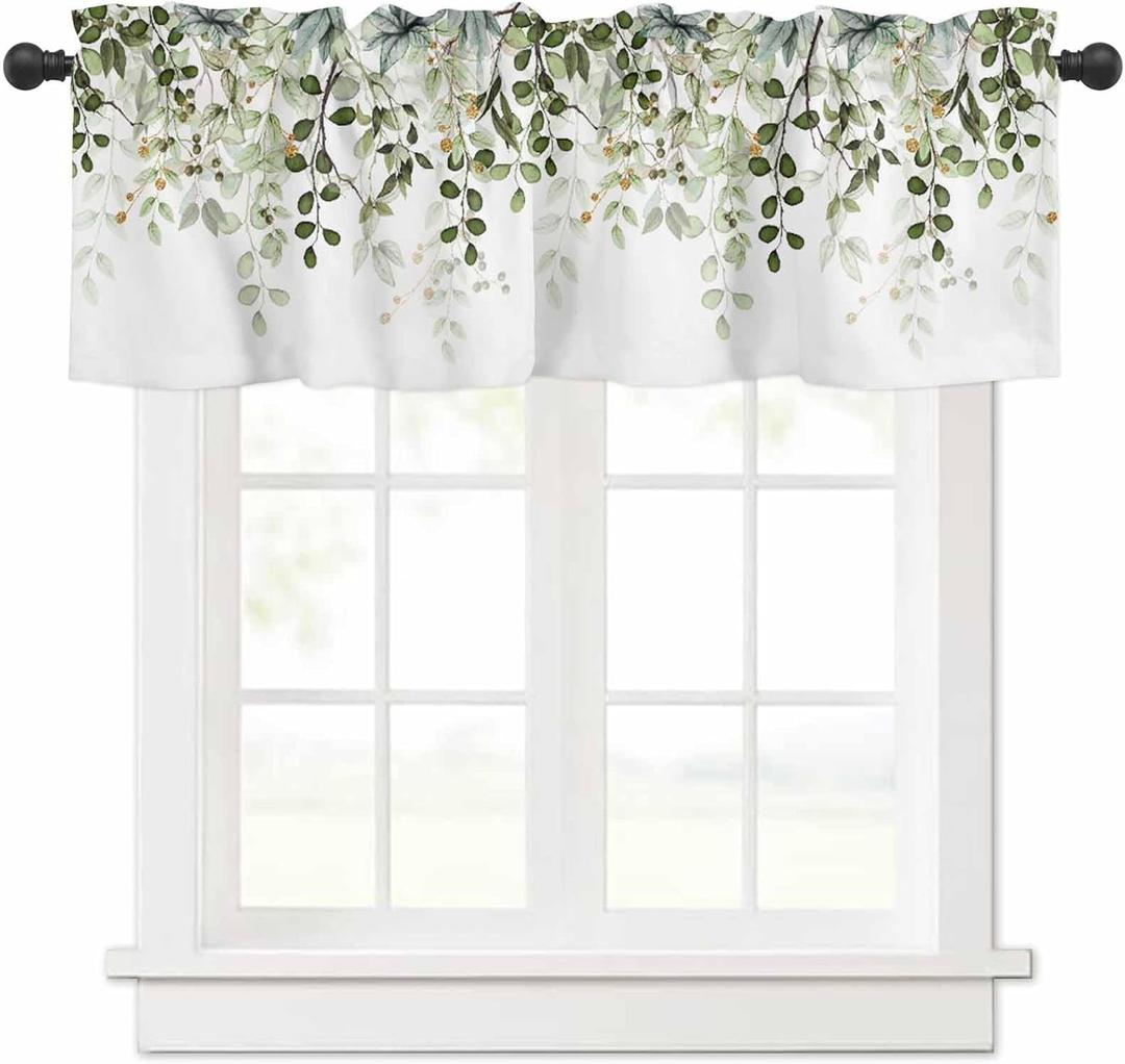 Sage Green Eucalyptus Leaves Curtain Valance for Windows Watercolor Window Treatments 1 Panel Short Curtains for Kitchen Windows Bathroom Bedroom,42 x 12 Inch
