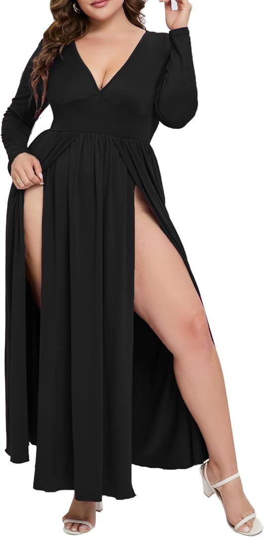 SILUI Women's Summer 2025 Sexy Double High Slit Deep V Neck Plus Size Sundresses Thigh Split Maxi Club Party Dresses (Medium, Black)