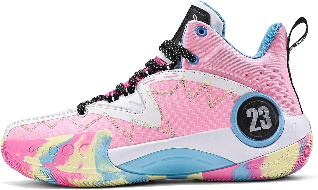 ASHION Unisex Kids Basketball Shoes Boys Air High Top Sneakers Girls Breathable Non-Slip Athletic Shoes Little Kid/Big Kid (Pink), Size: 3.5 Big Kid