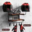 Motorcycle Helmet Holder Wall Mount, 2-Tier Helmet Rack with 2 Hat Stands, Motorcycle Accessories Gear Storage Organizer Display for Men Jackets, Caps in Garage, Living Room (Rustic Brown)