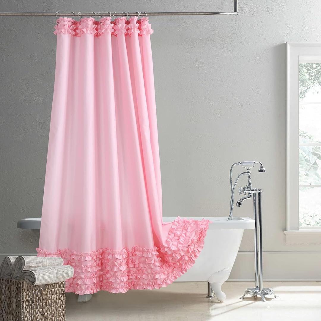 Ruffled Pink Modern Polyester Fabric Shower Curtain, Solid Waterproof Decoratived Farmhouse Shower Curtains for Bathroom, 72" W x Extra High 78" L