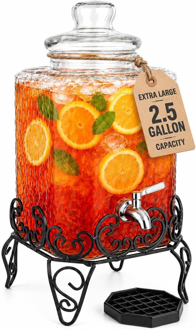 2.5 Gallon Glass Beverage Dispenser with Stand & Stainless Steel Spigot – Large Mason Jar Drink Dispenser for Sun Tea, Kombucha, Iced Tea, Lemonade, Sangria & Cold Drinks