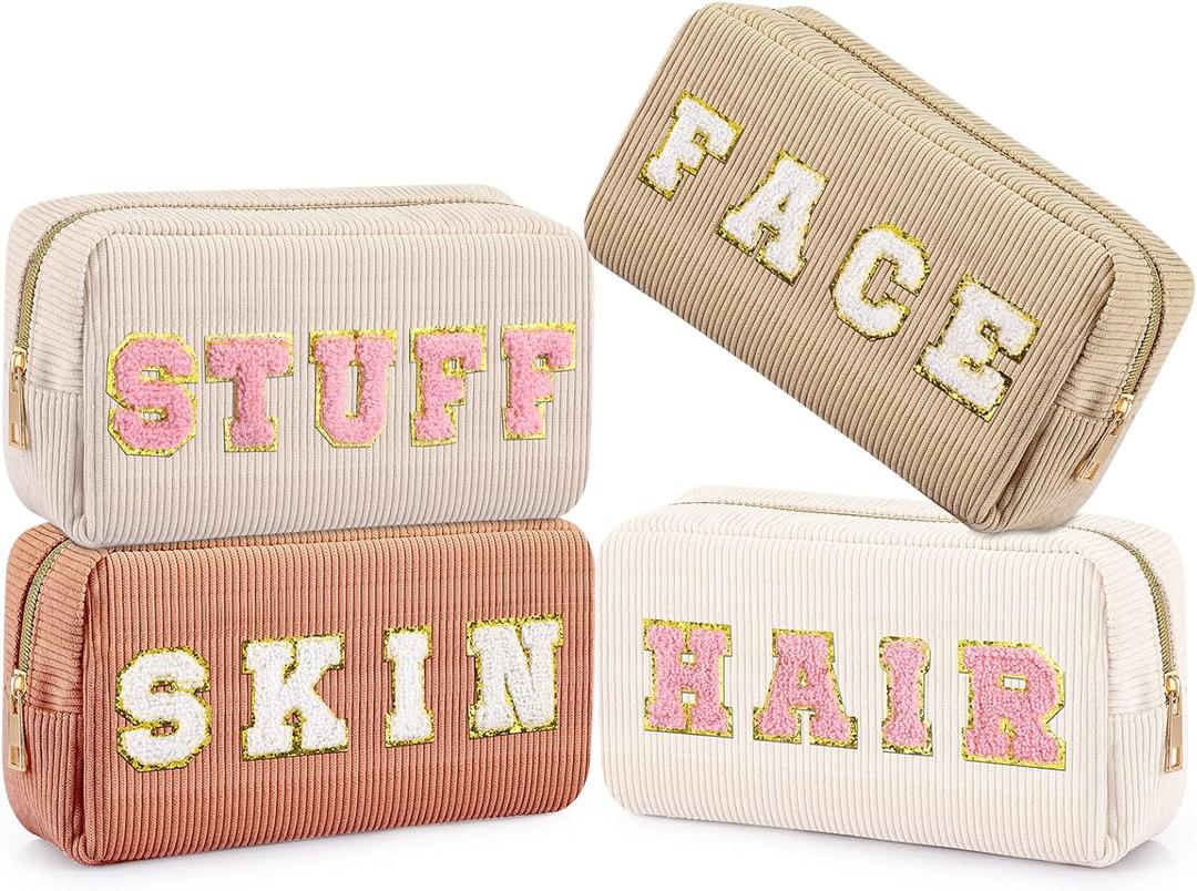 Sanwuta 4 Pcs Travel Organizer Bags Cute Face Tools Bag Cosmetic Bag Makeup Accessories Skincare Pouch Cute Toiletry for Women Travel Letter Portable Zipper Pouch Toiletry(Pink, Brown Series Color)