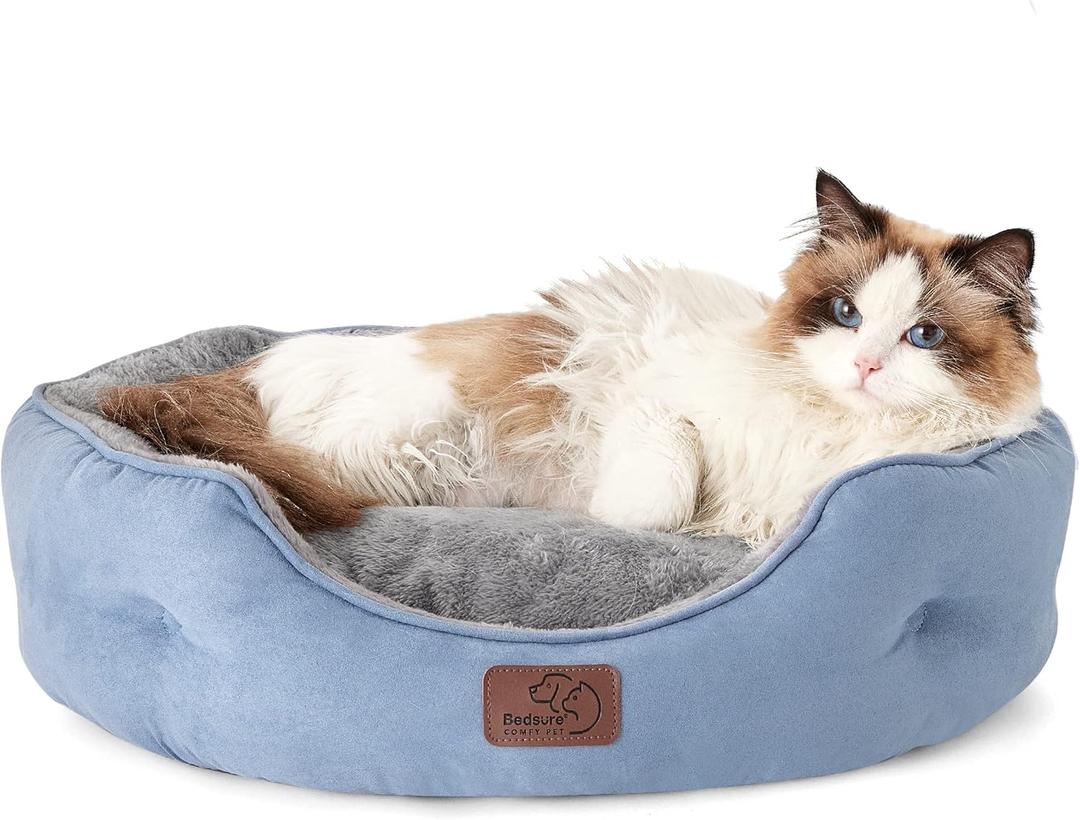Bedsure Dog Beds for Small Dogs - Round Cat Beds for Indoor Cats, Washable Pet Bed for Puppy and Kitten with Slip-Resistant Bottom, 20 Inches, Allure, (Arctic Blue)