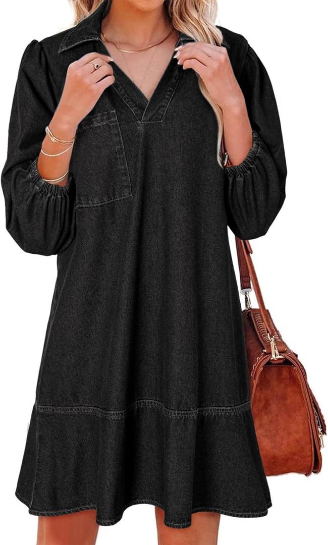 Dokotoo Denim Dress for Women Summer Casual Babydoll 2025 V Neck 3/4 Puff Sleeve Jean Dresses (Size Large, Carbon Grey)
