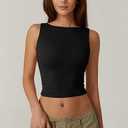 QINSEN High Neck Open Back Cropped Tops for Women Sleeveless Summer Y2K Tee Shirts Black L