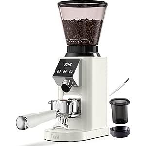 Tuni Conical Burr Coffee Grinder, 48 Grind Settings Anti-Static Burr Mill, Precision Electronic Timer and LED Touchscreen for Espresso/Drip/Cold Brew/French Press, Stainless Steel, Ivory