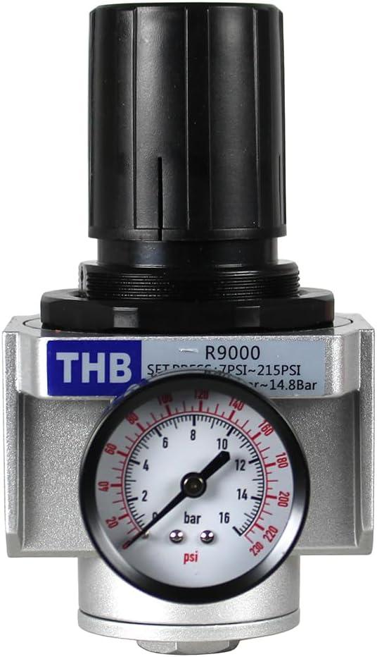 HEAVY DUTY IN-LINE COMPRESSED AIR PRESSURE REGULATOR FOR AIR COMPRESSOR, 7 TO 215 PSI ADJUSTABLE, HIGH FLOW RATE, WALL BRACKET AND GAUGE INCLUDED (3/4" NPT, 175 CFM)