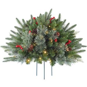 1 Pcs 30 Inch Christmas Tree Green Outdoor Planter Pots Filler Prelit Xmas Pine Trees with Cones and Red Berries 50 Warm White LED with 8 Light Modes and Timer for Yard (2ft 6in)