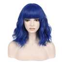 incohair 14 Inches Dark Blue Wig with Bangs Women Girls Short Curly Wavy Bob Wig Shoulder Synthetic Party Wigs Wig Cap Included (Dark Blue)