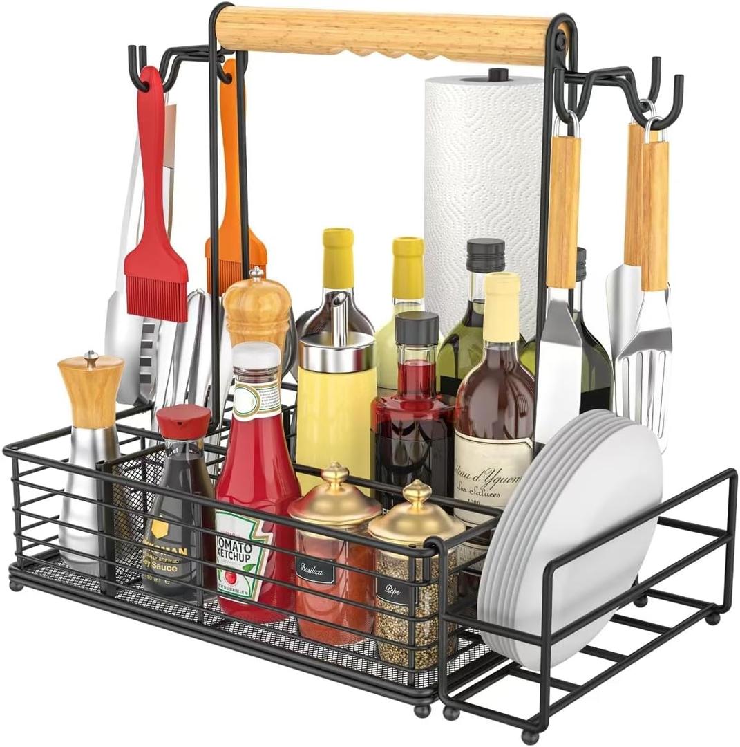 Large Grill and Griddle Caddy with Paper Towel Holder, Side Hooks, Utensil Holder, Wooden Handle for Outdoor Kitchen, Picnic, RV, Patio, Camping, Tailgate BBQ Tools & Grilling Accessories