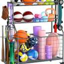 WUC Sports Equipment Garage Organizer - Garage Ball Storage Rack with Basket, Hooks and Rolling Cart for Sports Gear and Toy Storage, Grey