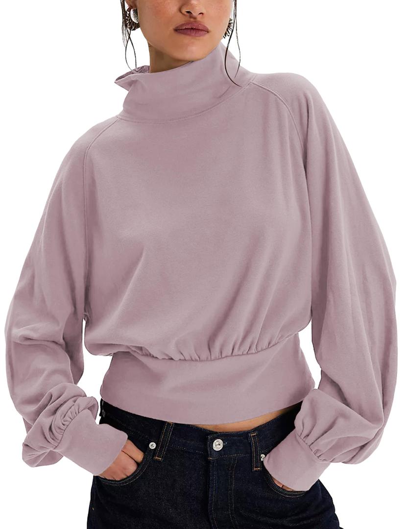 Ziqoty Womens Mockneck Sweatshirt Cropped Oversized Turtleneck Top Balloon Sleeves Pullover Casual Loose Fitting Tops(Pinkpurple-M) (M)