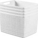 Curver Set of 4 Jute Large Decorative Plastic Organization and Storage Baskets, Perfect Bins for Home Office, Closet Shelves, Kitchen Pantry and All Bedroom Essentials, White