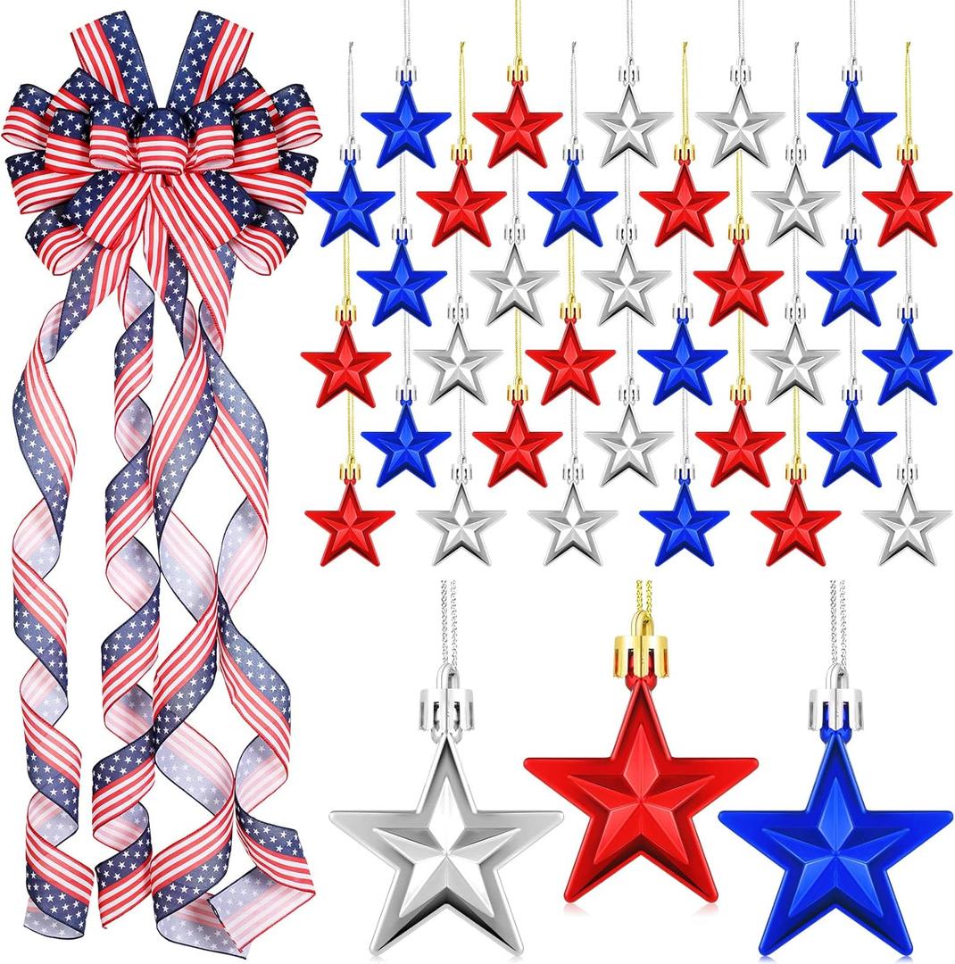 Cindeer 37 Pcs Patriotic Decorations Bow Large America Flag for Wreath 36 Pcs Patriotic Red White Blue Ornaments Tree Topper Decorations for 4th of July Independence 250th Anniversary Holiday