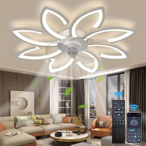 Bladeless Ceiling Fan With Lights, Modern Flush Mount With Dimmable LED Light and Remote Control, Low Profile 6 Gear Wind Speed Timing for Kids Room Bedroom 35.4in*5.5in