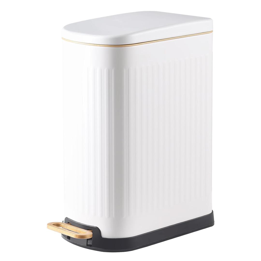 Slim Bathroom Trash Can with Soft Close Lid Stainless Steel Garbage Can Step Trash Bin with Removable Inner Bucket for Bedroom, Office, Kitchen (Matt White, 3.5 Gallons)