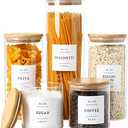 CZSZYGHBAO 5 Pack Glass Jars with Bamboo Airtight Lids - Stackable Food Storage Containers with 132 Pantry Labels - with Wood Lid for Candy, Cookie, Rice, Sugar, Flour, Pasta, Nuts