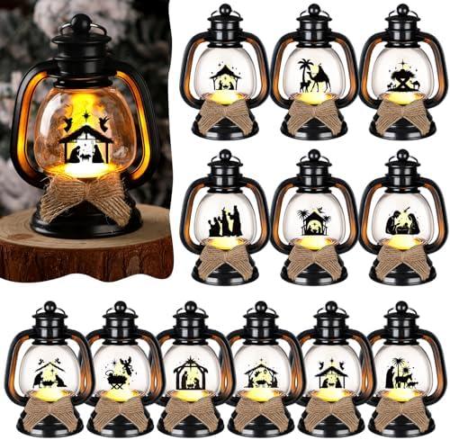 ROCEEI 24 Pcs Christmas Mini Religious Lantern Nativity Scene Table Centerpiece Decorative The Birth of Jesus Small Portable Lanterns with LED Candles for Holy Night Tree Indoor Outdoor Party Decor