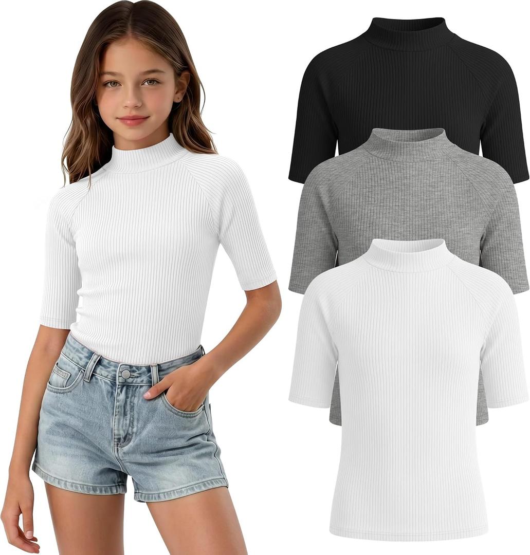 3 Pack Girls' Shirts Teen Summer Tops Mock Turtleneck Slim Fit Ribbed Half Sleeve Fashion Tees Kids Clothes Trendy
