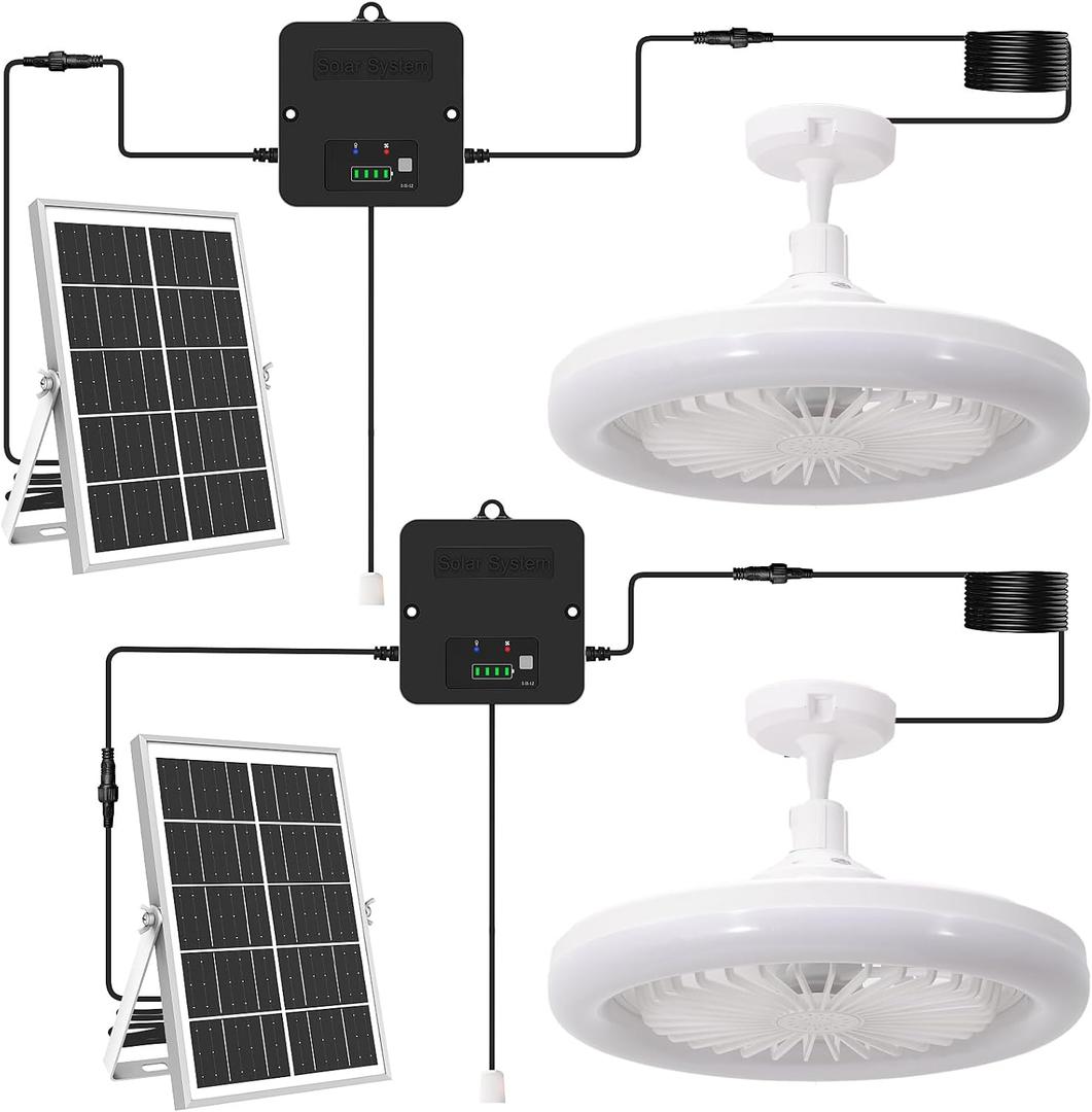 10.2 in Solar Ceiling Fan with Light Indoor Outdoor, Daytime Solar Shed Fan Light with Pull String, 3-in-1 Modes, IP65 Waterproof for Gazebo, Shed, Barn, Patio, Chicken Coop (2 Pack)