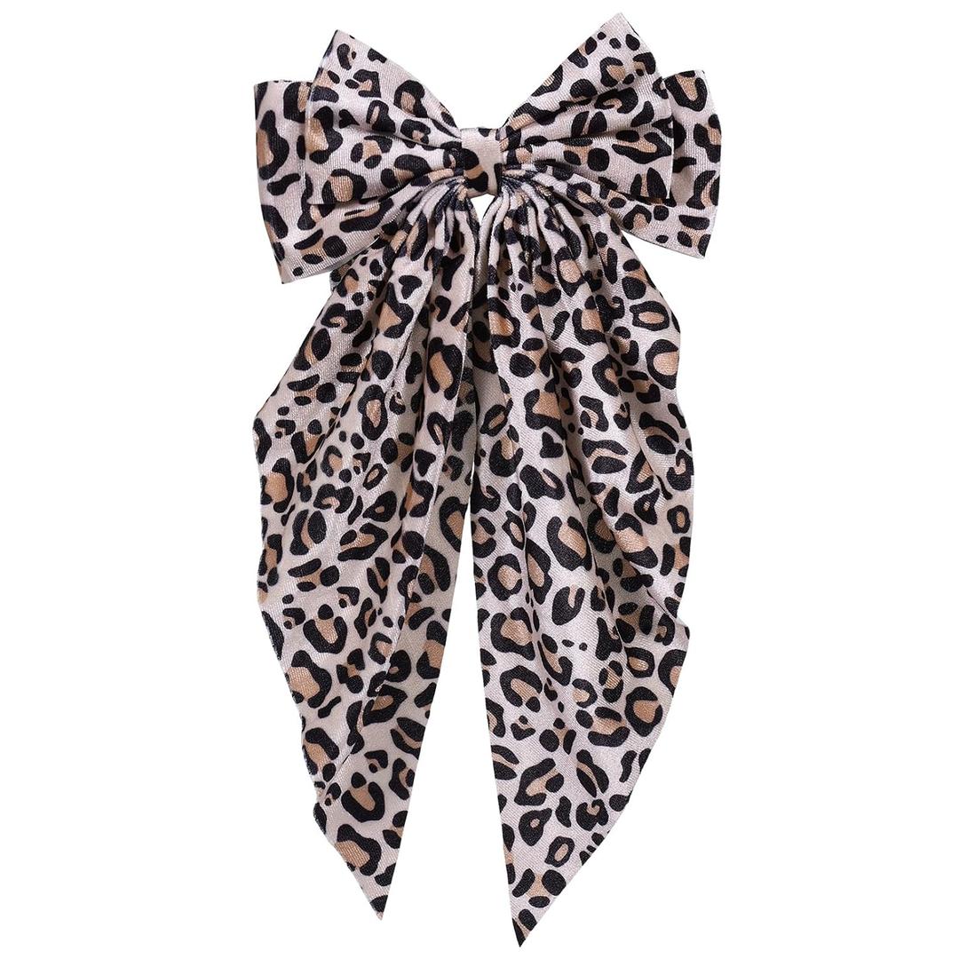 Leopard Print Velvet Large Hair Bow Long Tail Bowknot Hair Barrette Clip 8.26 Inch Women Girls Fall Winter Ponytail Holder Hair Accessories