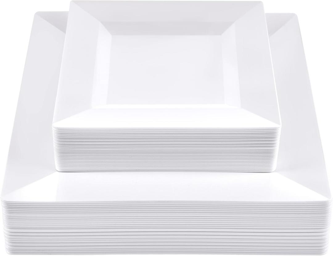 SETUP 60-Piece White Square Plastic Dinnerware Set  30 9.5" Dinner & 30 6.5" Salad Plates  Heavy-Duty Disposable for Weddings, Catering, Parties